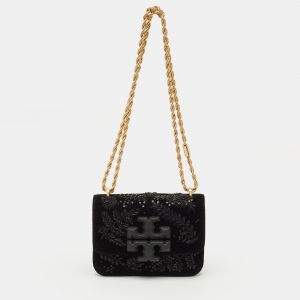 Pre Owned Tory Burch Beaded Eleanor Small Black Leather Convertible Shoulder Bag