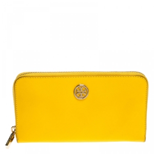 Pre Owned Tory Burch Yellow Leather Robinson Zip Around Wallet