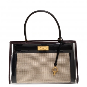 Pre Owned Tory Burch Black/Beige Leather and Canvas Lee Radziwill Top Handle Bag with Rain Cover