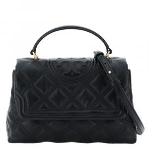 Pre Owned Tory Burch Black Fleming Leather Soft Quilted Top Handle Bag