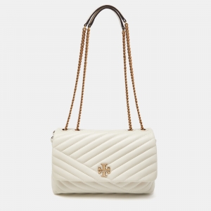 Pre Owned Tory Burch Off White  Chevron Leather Kira Flap Shoulder Bag