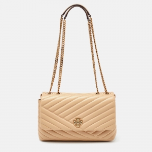 Pre Owned Tory Burch Beige Chevron Leather Kira Shoulder Bag