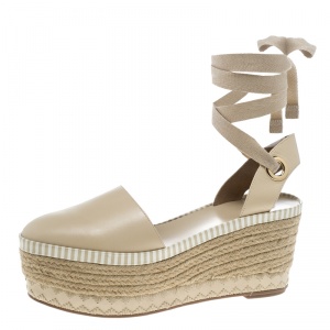 Pre Owned Tory Burch Beige Leather Dandy Ankle Wrap Espadrille Wedge Sandals Size 39.5