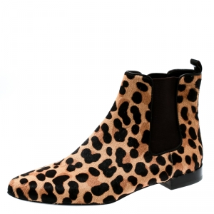 Pre Owned Tory Burch Brown Leopard Print Calf Hair Orsay Ankle Boots Size 37.5