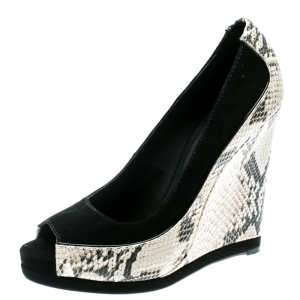Pre Owned Tory Burch Black Suede and Python Embossed Leather Sandra Wedge Peep Toe Pumps Size 39