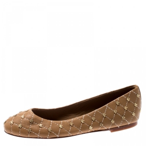 Pre Owned Tory Burch Beige Quilted Leather Stitch Studded Ballet Flats Size 35