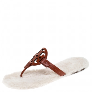 Pre Owned Tory Burch Brown Leather Shearling Miller Thong Flats Size 38