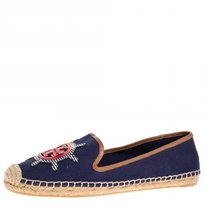 Pre Owned Tory Burch Blue Canvas Maritime Mismatched Espadrille Loafers Size 39.5