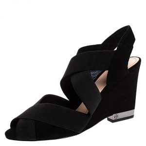 Pre Owned Tory Burch Black Suede Debbie Wedge Sandals Size 38.5