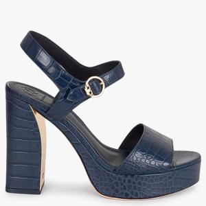 Pre Owned Tory Burch Blue Leather Martine Platform Sandals Size EU 37