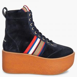 Pre Owned Tory Burch Blue Leather Striped High-Top Platform Sneakers Size EU 39.5
