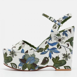 Tory Burch Tricolor Floral Print Leather Platform Wedge Ankle Strap Sandals Size 39