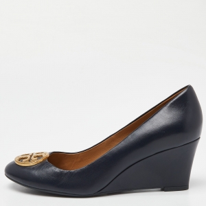 Pre Owned Tory Burch Navy Blue Leather Chelsea Wedge Pumps Size 38