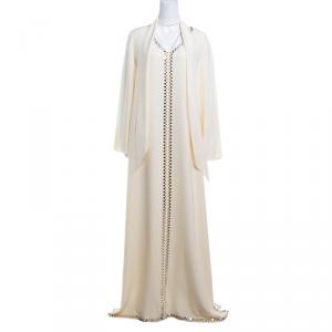 Tory Burch Cream Mirror Embellished Silk Abaya and Scarf Set L