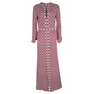 Tory Burch Red Textured Printed Long Sleeve Crystal Embellished Maxi Dress S
