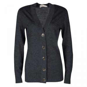 Pre Owned Tory Burch Grey Merino Wool Cardigan S