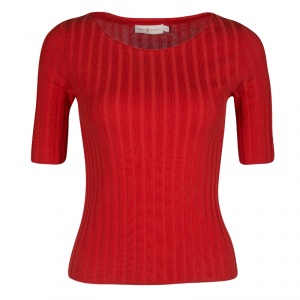 Pre Owned Tory Burch Spark Red Cotton Rib Knit Short Sleeve Top S
