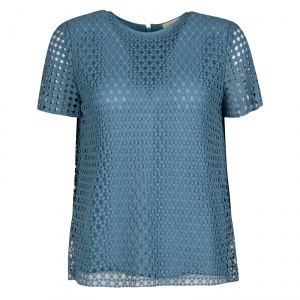 Pre Owned Tory Burch Blue Crescent Guipure Lace Short Sleeve Top S