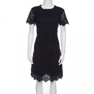 Pre Owned Tory Burch Navy Blue Floral Embroidered Lace Short Sleeves Dress M
