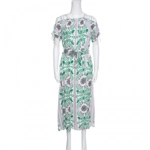 Pre Owned Tory Burch Floral Garden Party Printed Silk Belted Asilomar Midi Dress S