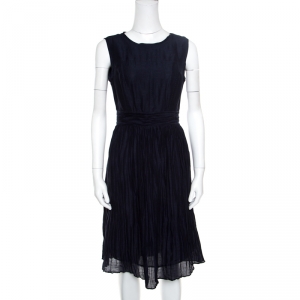 Tory Burch Navy Blue Linen and Silk Pleated Sleeveless Hildy Dress S
