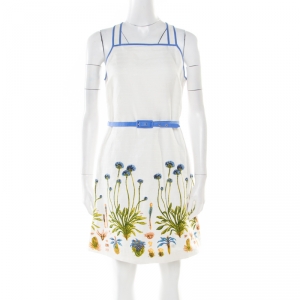 Pre Owned Tory Burch White Cotton and Linen Cornflower Embroidered Emilia Dress M