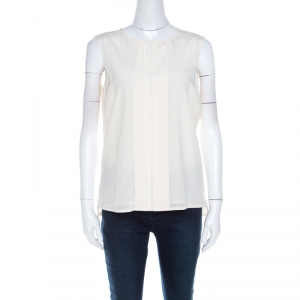 Pre Owned Tory Burch Ivory Silk Pleat Front Sleeveless Top S