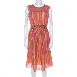 Pre Owned Tory Burch Orange and Pink Striped Linen A Line Dress S