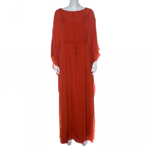 Tory Burch Orange Silk Blaze Maxi Kaftan Dress S