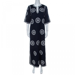 Pre Owned Tory Burch Navy Blue Cotton Mirror Embroidered Kaftan Dress S