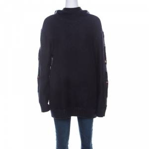 Pre Owned Tory Burch Navy Blue Metallic Multi-Weave Striped Merino Wool Danielle Hoodie L