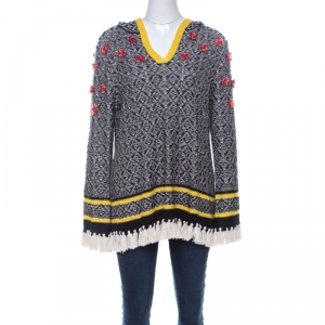 Tory Burch Black & White Geometric Pattern Linen Flower Detail Knit Hooded Sweater L