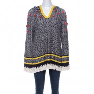 Pre Owned Tory Burch Black & White Geometric Pattern Linen Flower Detail Knit Hooded Sweater L