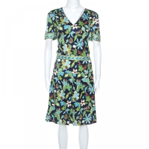 Pre Owned Tory Burch Multicolor Printed Stretch Silk Garden Visteria Dress M