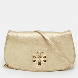 Pre Owned Tory Burch Gold Leather Britten Flap Crossbody Bag