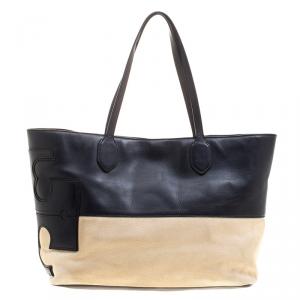 مملوكة مسبقًا Tory Burch Navy Blue/Beige Leather and Canvas Tote