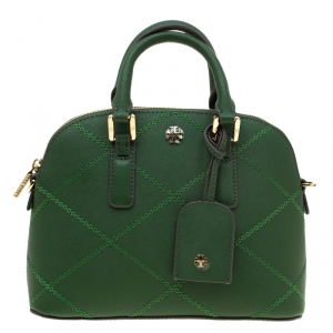 Pre Owned Tory Burch Green Leather Mini Stitched Robinson Satchel