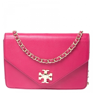 Pre Owned Tory Burch Fuchsia/Gold Leather Kira Envelope Flap Chain Bag