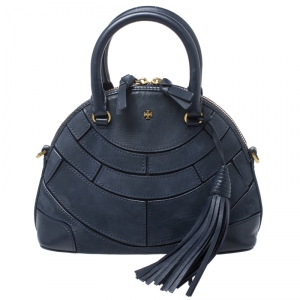 Pre Owned Tory Burch Navy Blue Leather Small Dome Tassel Robinson Crossbody Bag