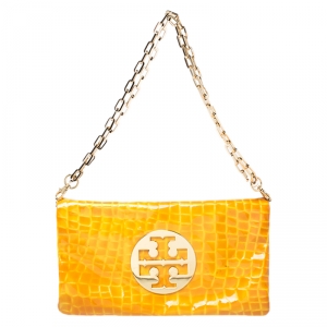 مملوكة مسبقًا Tory Burch Yellow Croc Embossed Patent Leather Clutch Bag