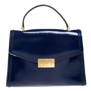 Pre Owned Tory Burch Blue Patent Leather Juliette Top Handle Bag
