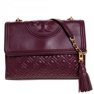 Pre Owned Tory Burch Burgundy Leather Fleming Convertible Shoulder Bag