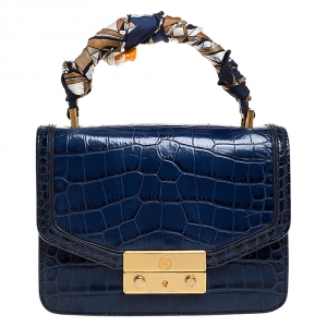 Pre Owned Tory Burch Blue Crocodile Embossed Leather Juliette Top Handle Bag