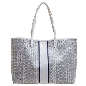 Pre Owned Tory Burch Ivory Coated Canvas Gemini Link Shopper Tote