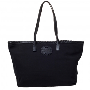 Pre Owned Tory Burch Black Nylon and Leather Shopper Tote