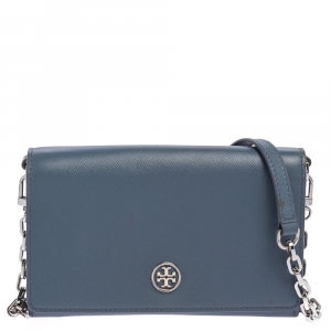 Pre Owned Tory Burch Blue Saffiano Leather Robinson Wallet on Chain