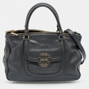 Pre Owned Tory Burch Black Leather Logo Amanda Tote