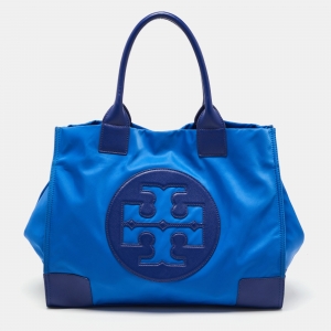 Pre Owned Tory Burch Blue Nylon and Leather Ella Tote