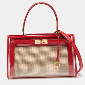 Pre Owned Tory Burch Red/Beige Leather and Canvas Lee Radziwill Top Handle Bag with Rain Cover