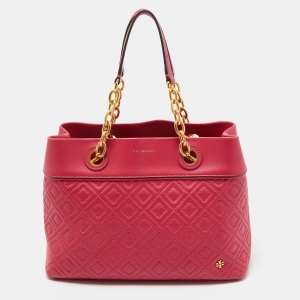 Pre Owned Tory Burch Dark Pink Quilted Leather Fleming Tote